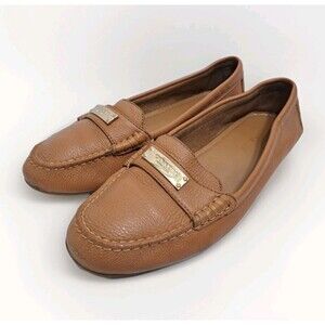 Coach Fredrica Pebbled Leather Driving Loafers Womens 8.5 Tan Gold Logo A5175